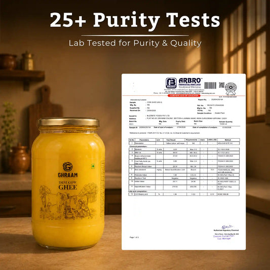 A jar of ghraam desi ghee with a purity test lab report