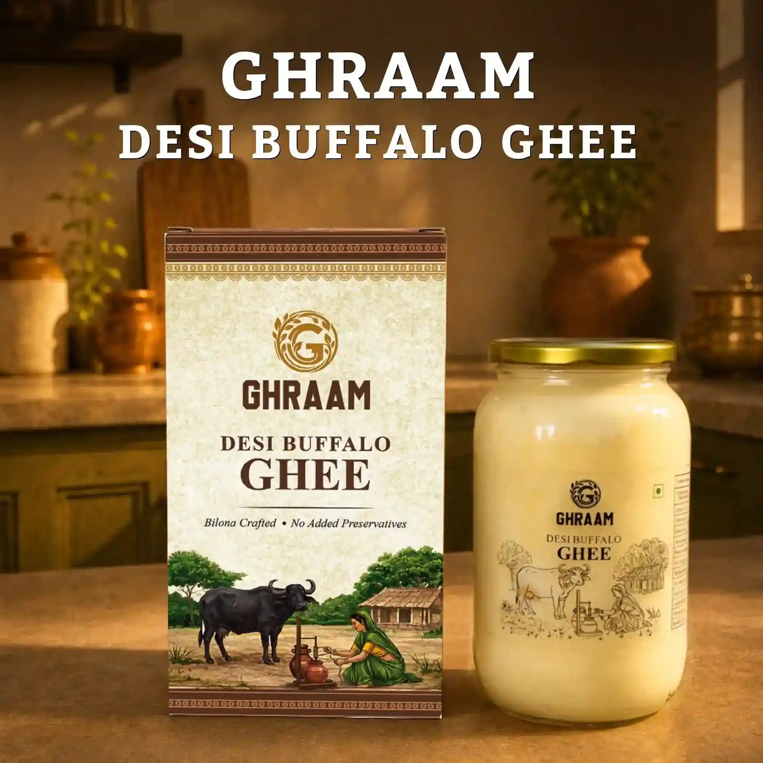 GHRAAM Desi Buffalo Ghee, 500ml, 1L, Bilona method