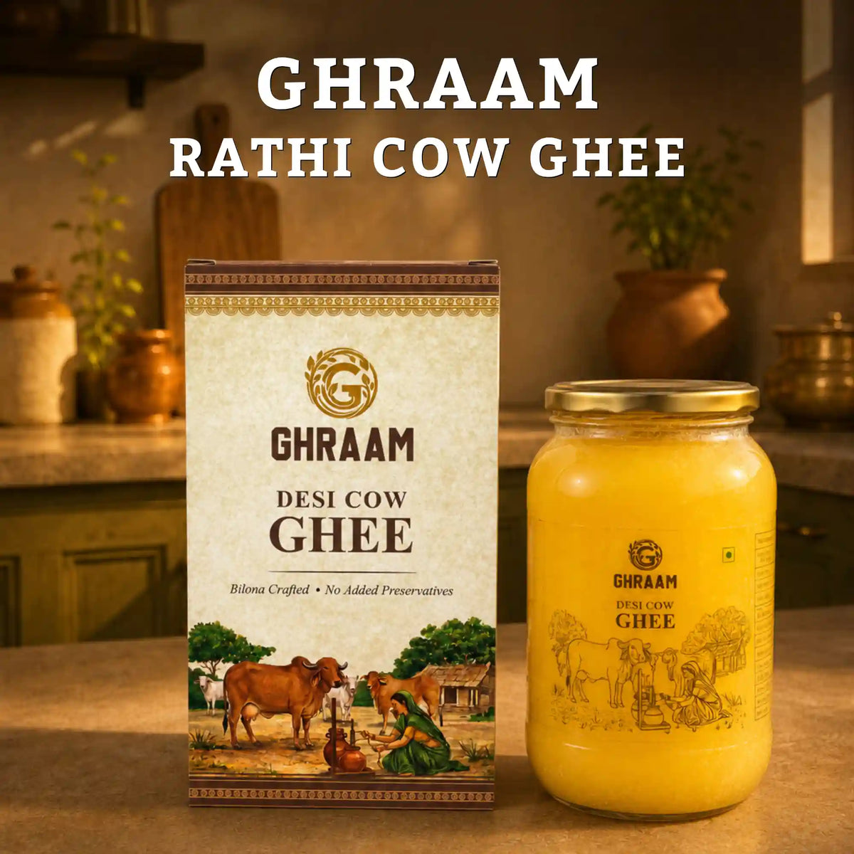 GHRAAM A2 Rathi Cow Ghee, 500ml, 1L, Bilona method