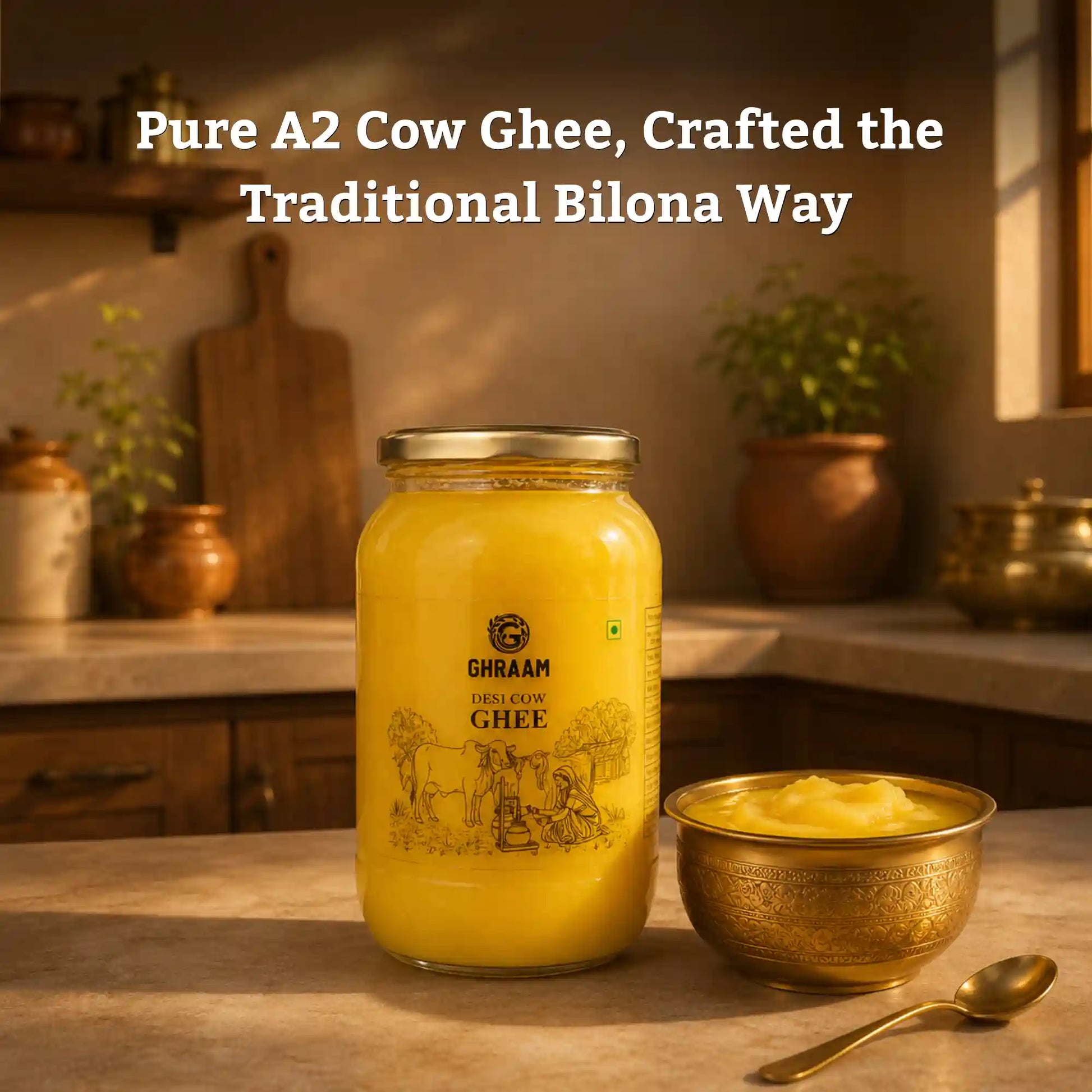 Cow ghee jar and bowl filled with ghee