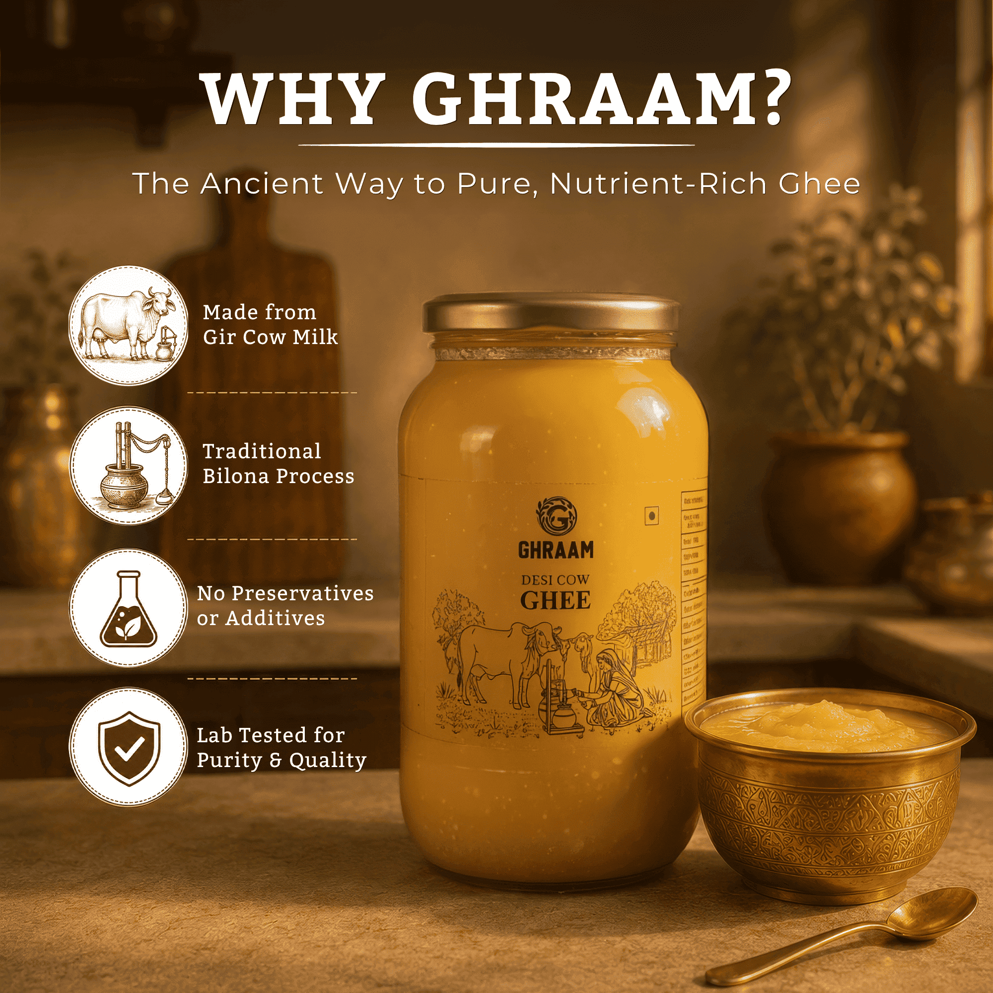 A jar of Ghraam Pure A2 Cow Desi Ghee