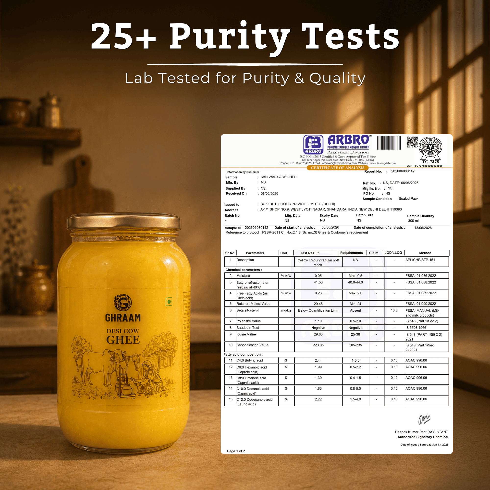 A2 Cow Ghee jar with lab report