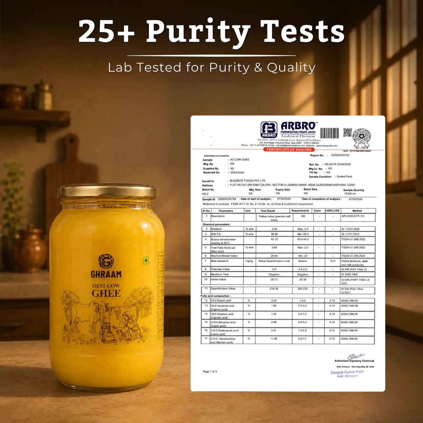 A jar of ghraam Gir Cow Ghee with a purity test lab certificate overlay