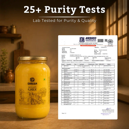 A jar of ghraam Gir Cow Ghee with a purity test lab certificate overlay