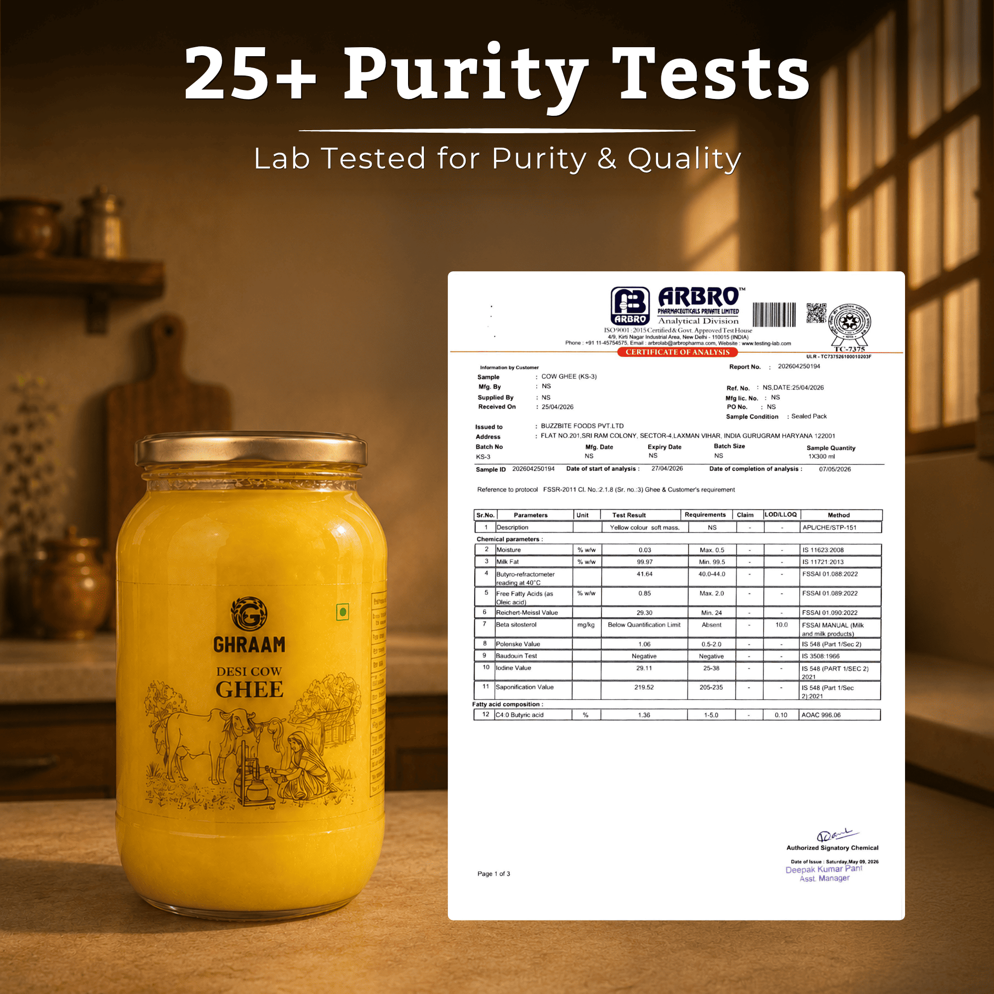 A jar of GHAAM desi ghee with a purity test lab report