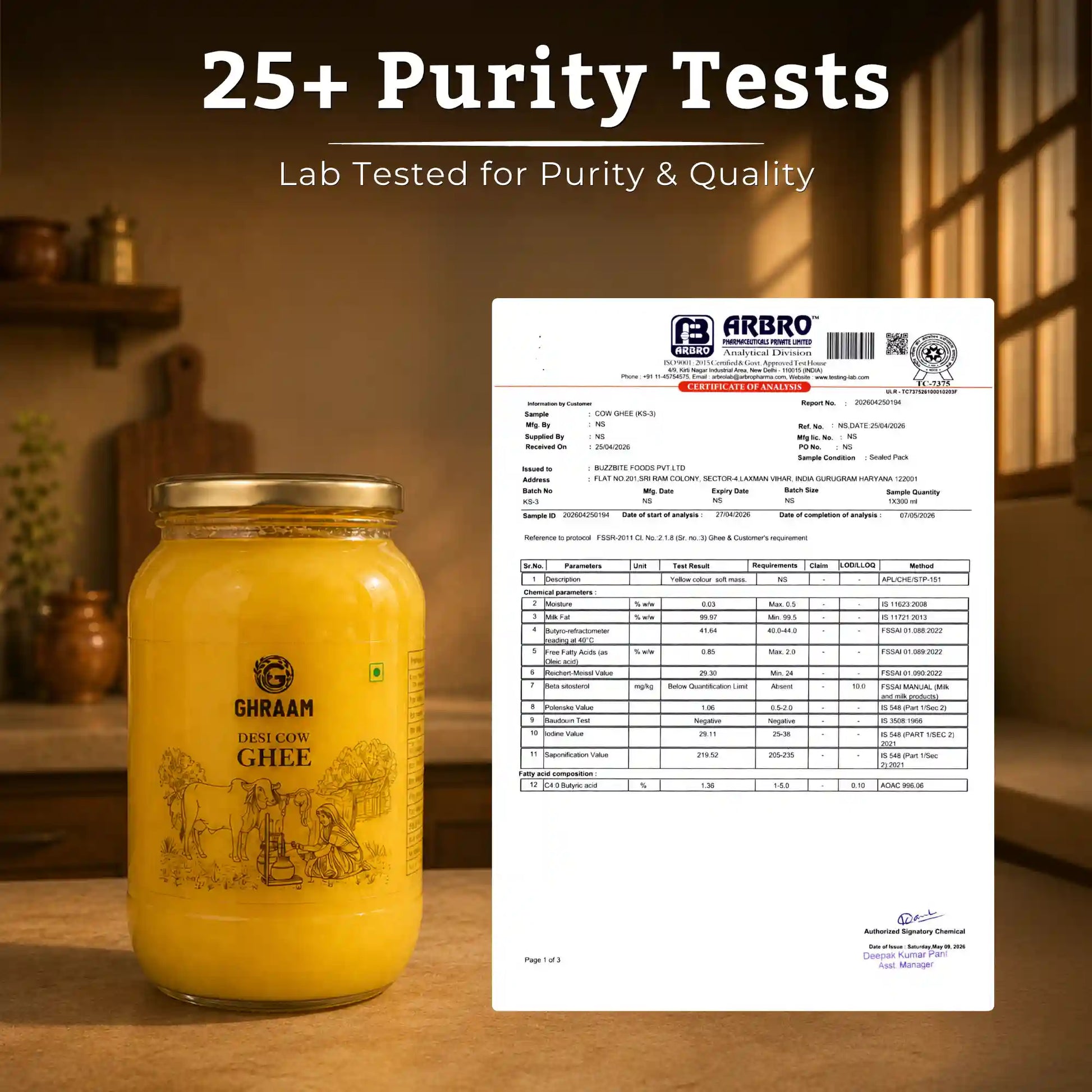 A jar of ghraam desi ghee with a purity test lab report