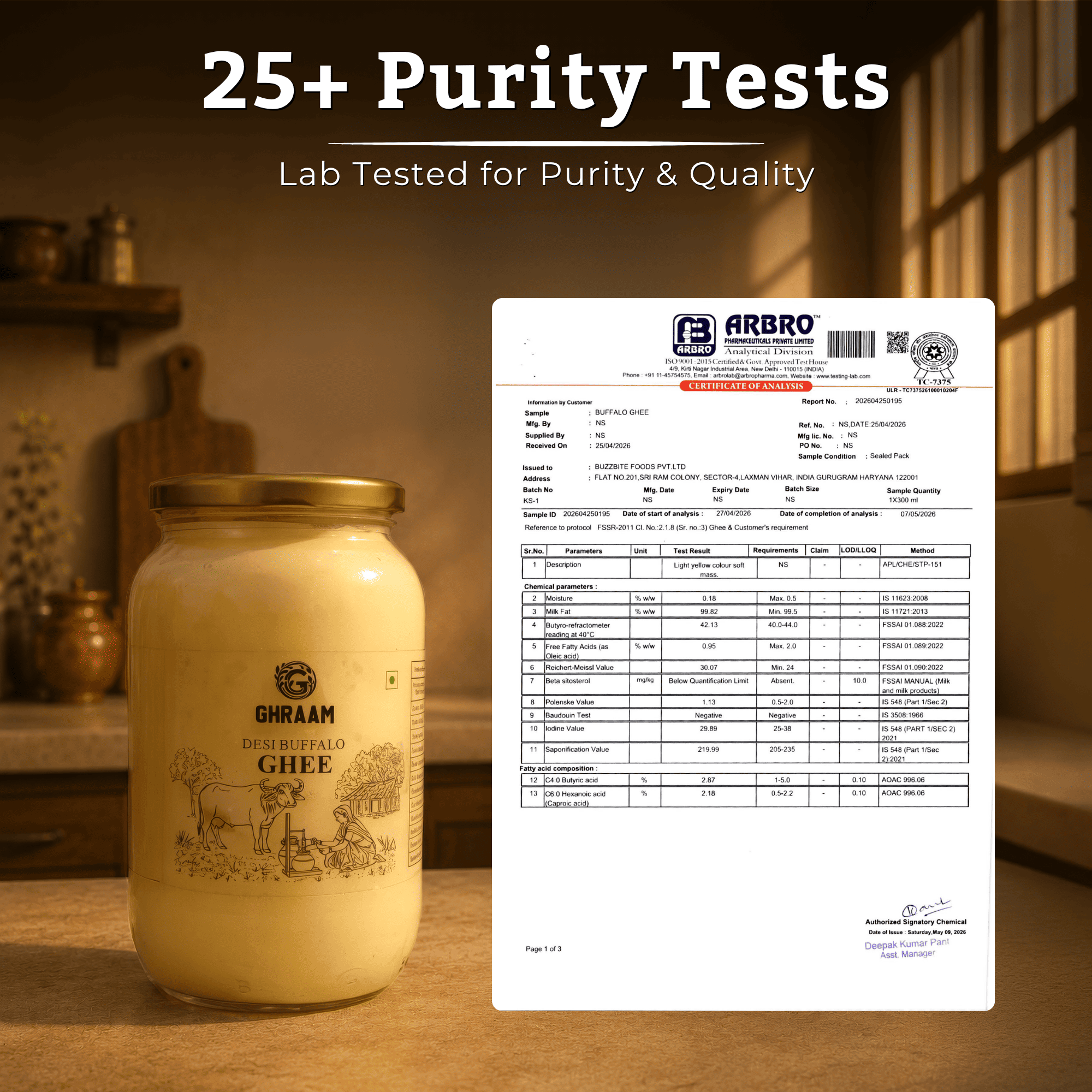 Ghraam Pure Desi Buffalo Ghee with a detailed purity test lab report sheet