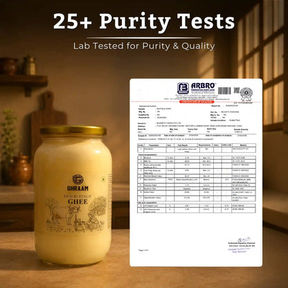 Ghraam Pure Desi Buffalo Ghee with a detailed purity test lab report sheet