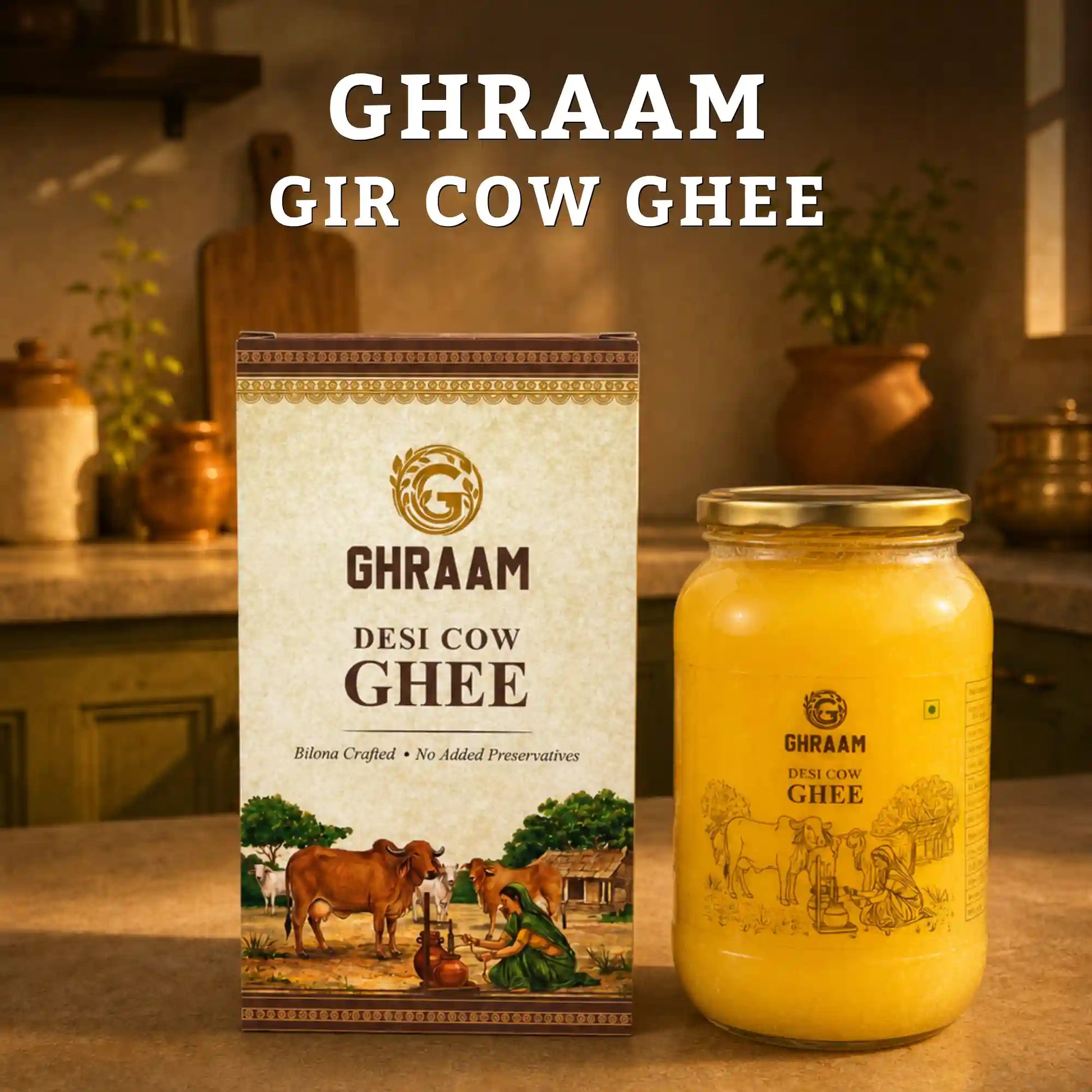 A box and a glass jar of Ghraam Gir Cow Ghee