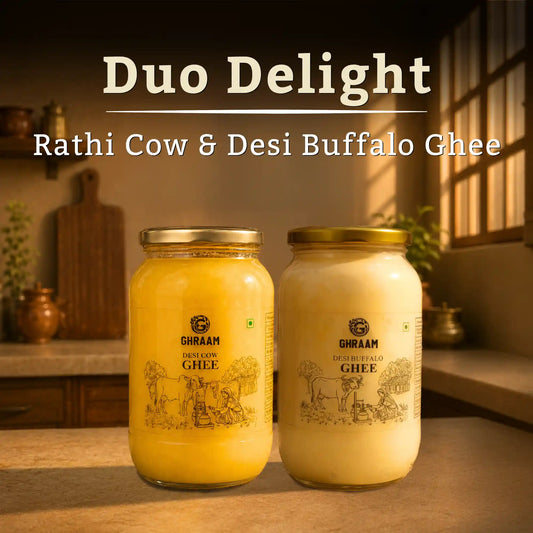 Two glass jars of Ghaam Ghee labelled 'Duo Delight' (Rathi Cow & Desi Buffalo Ghee) 