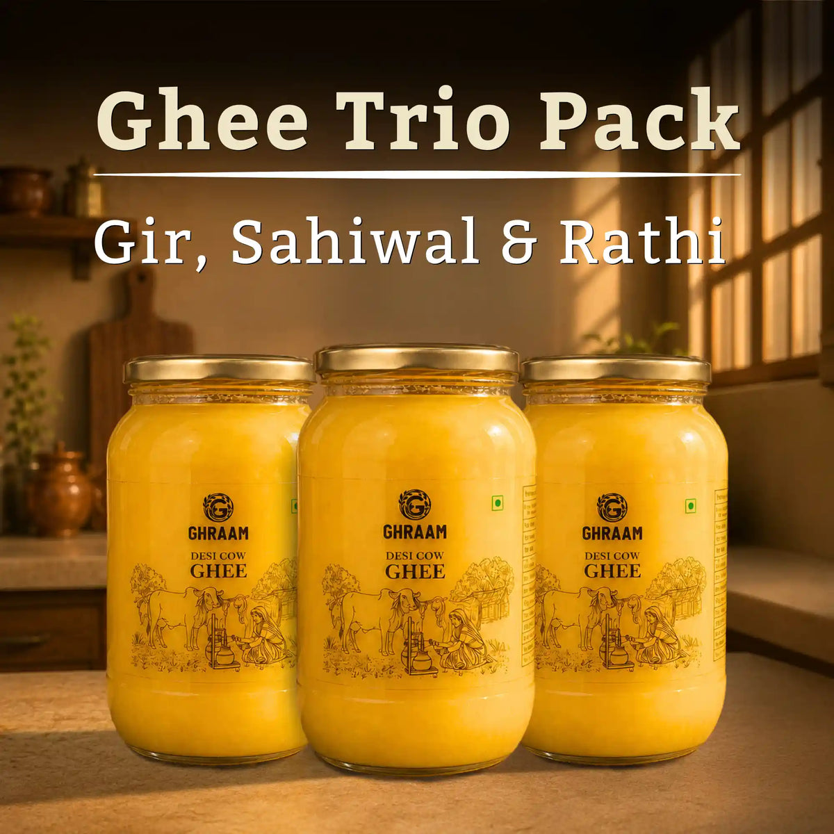 Three glass jars of Ghaam Ghee Trio Pack (Gir, Sahiwal & Rathi cow ghee)