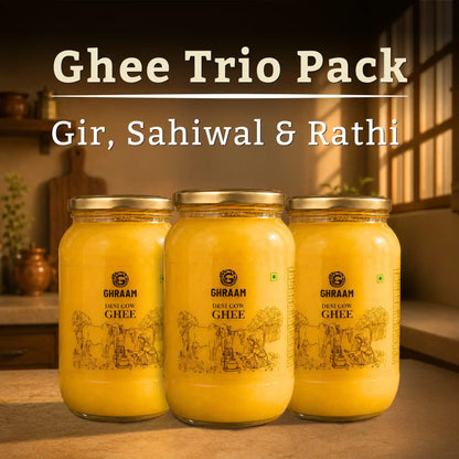 Three glass jars of Ghaam Ghee Trio Pack (Gir, Sahiwal & Rathi cow ghee)