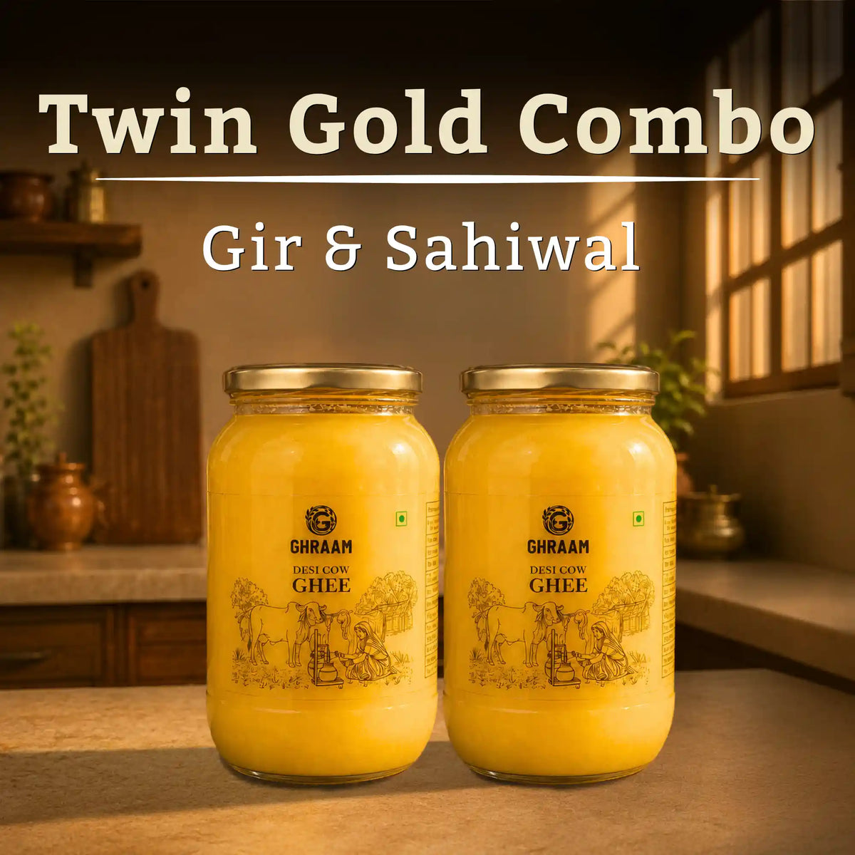Two large ghee jars of Ghaam Gir & Sahiwal Twin Gold Combo Ghee