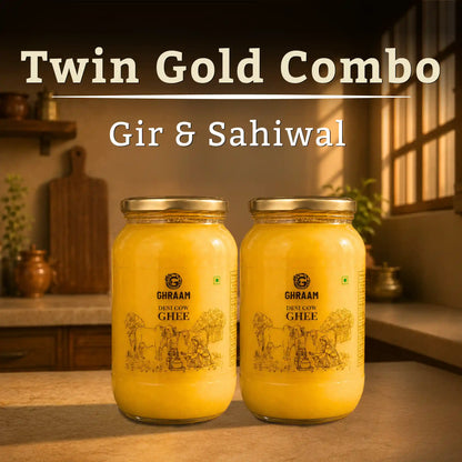 Two large ghee jars of Ghaam Gir & Sahiwal Twin Gold Combo Ghee